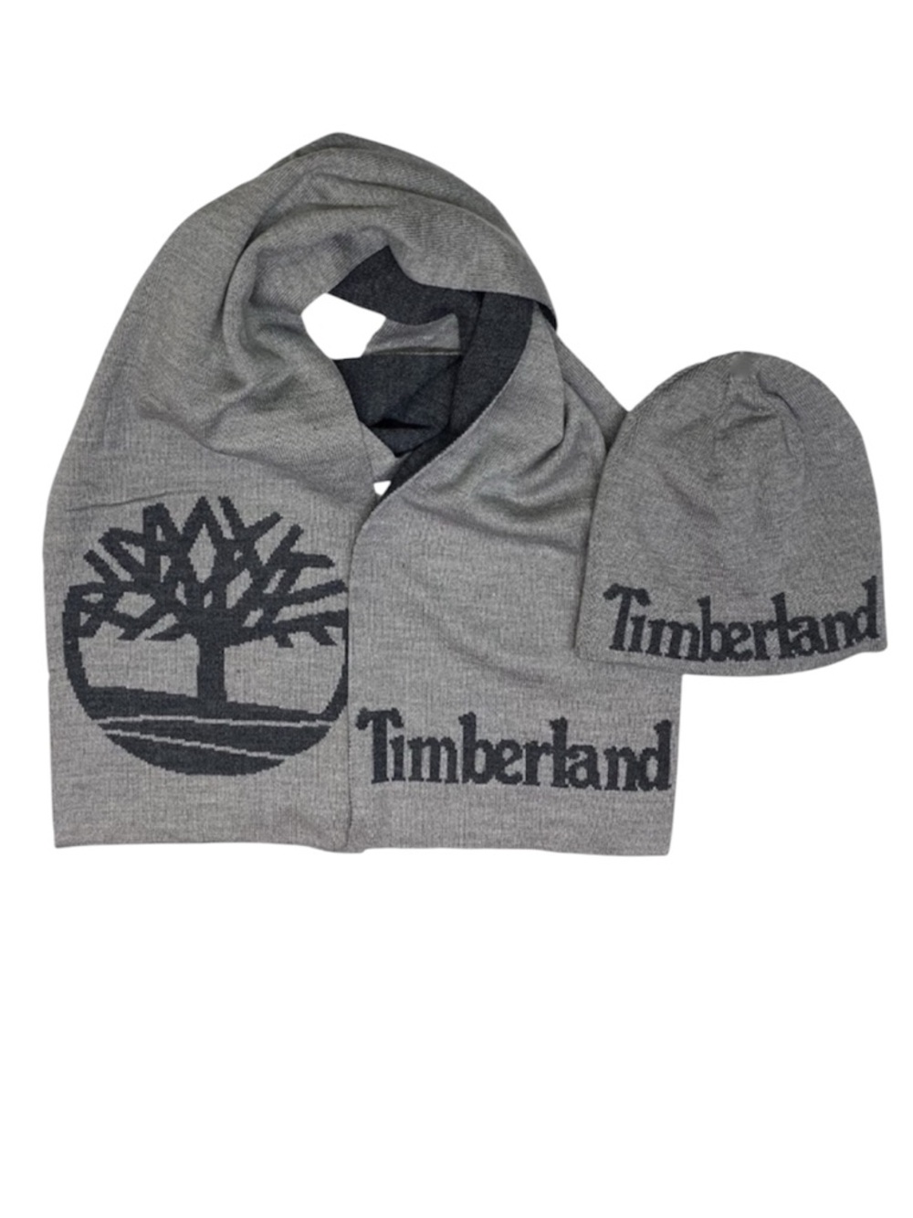 Timberland Men’s Scarf and Beanie Hat Set Gray with Black Name and Logo Print